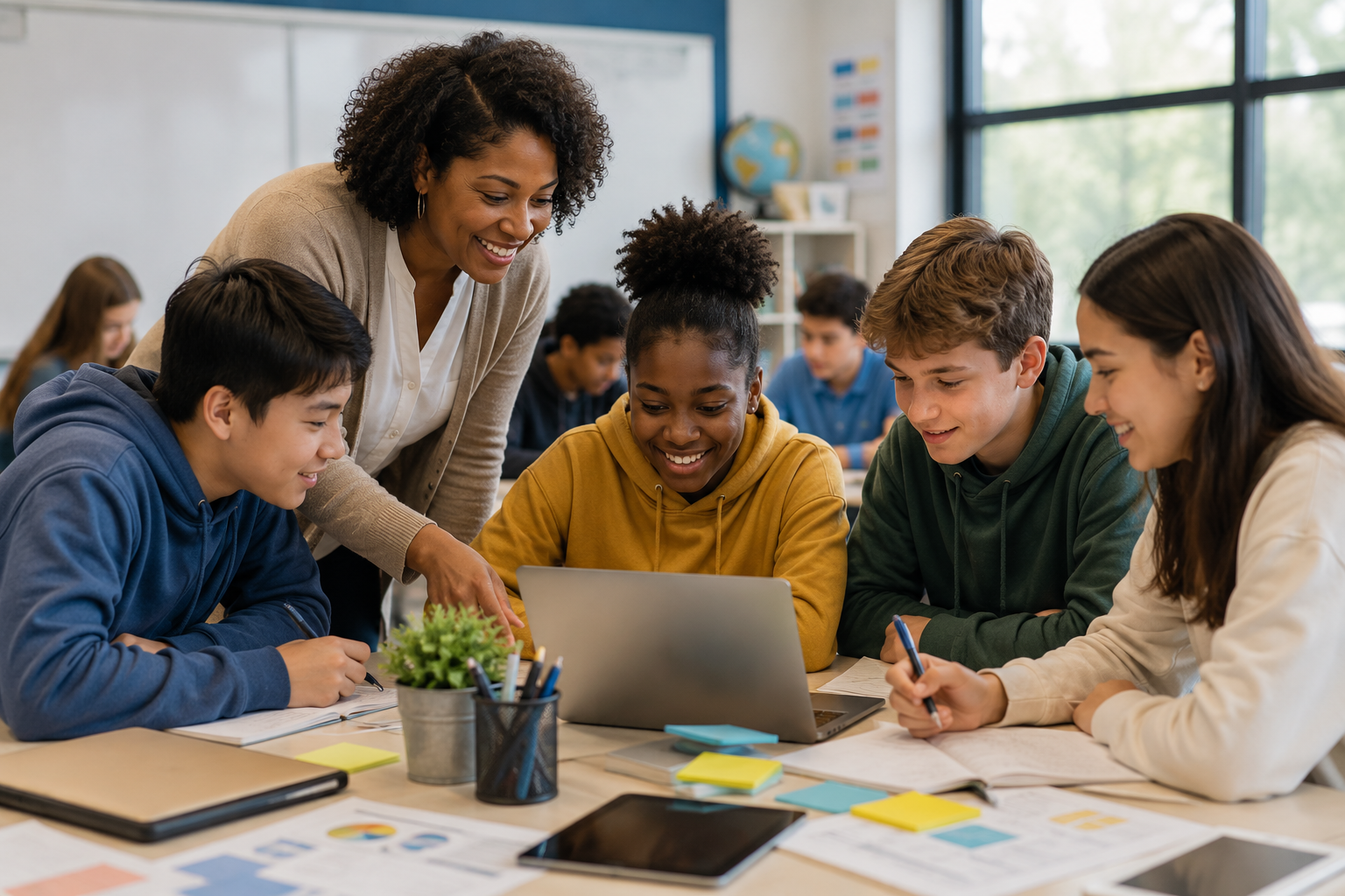 Teacher facilitating an entrepreneurship classroom workshop with students collaborating on business ideas with LemonBot.