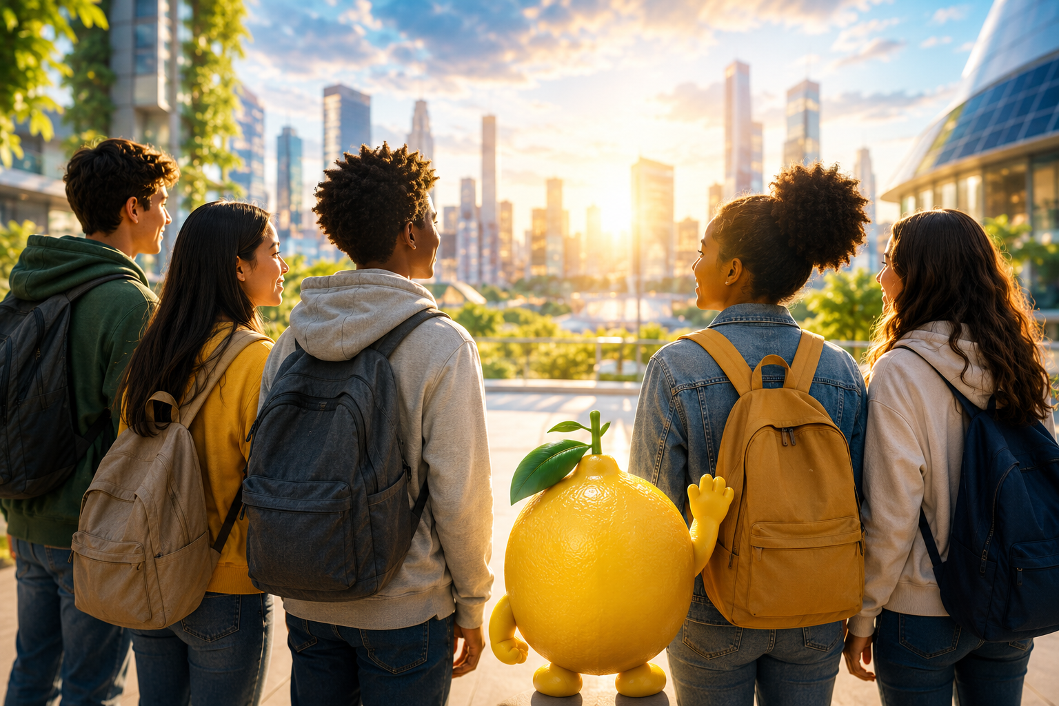 Students looking toward a bright future with LemonBot and entrepreneurship learning visuals.