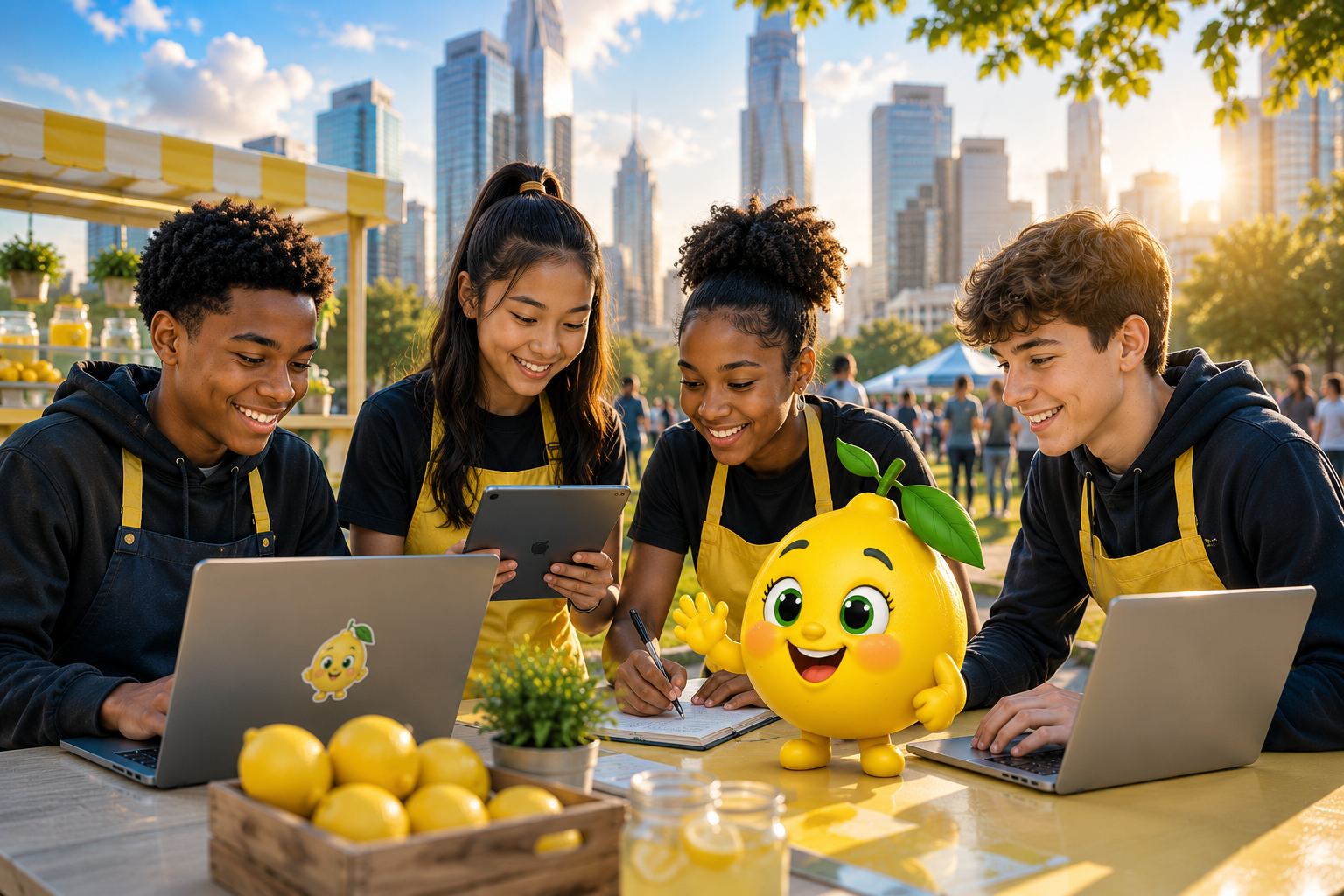 Students collaborating at a lemonade stand with LemonBot while building business ideas on laptops and tablets.