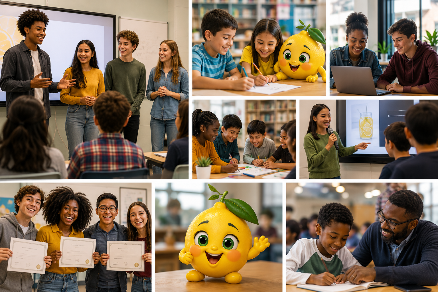Collage of K-12 students collaborating, pitching, earning certificates, and building real businesses.