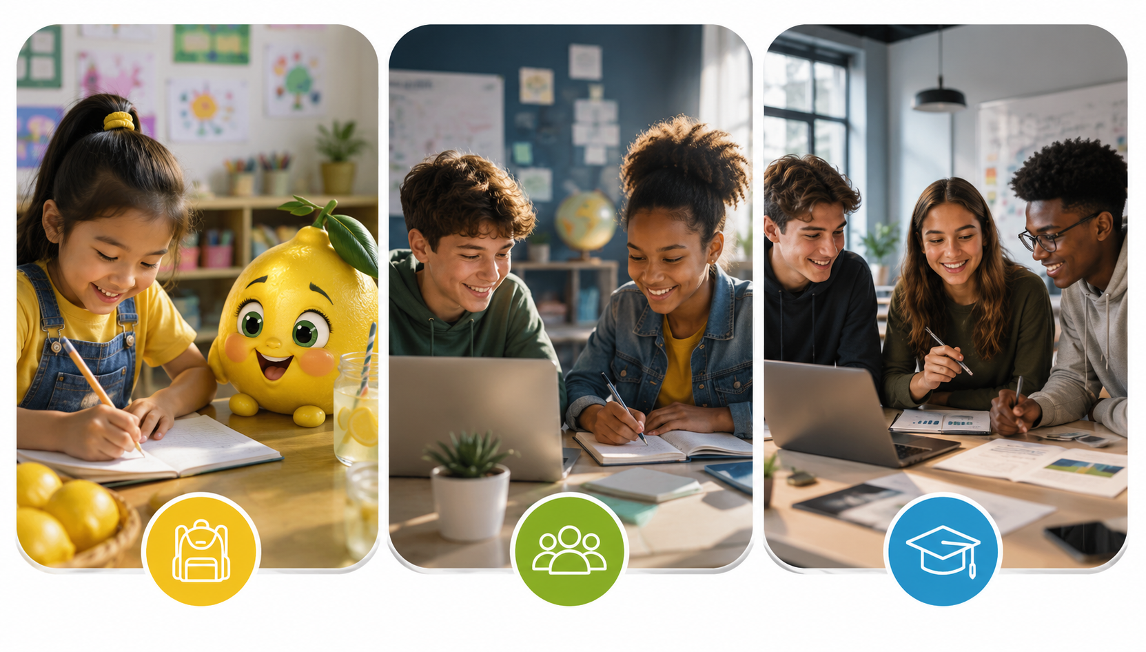 Three K-12 learning pathways shown side by side — Elementary Lemonade Leaders Jr., Middle School Business Builder Journey, and High School Future Founder Pathway.