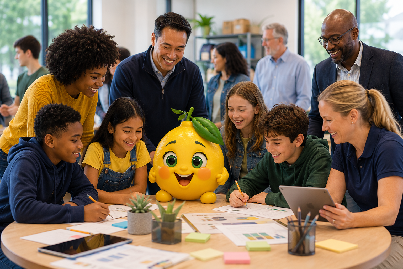 Students and LemonBot promoting school partnerships and sponsorships for youth entrepreneurship education.